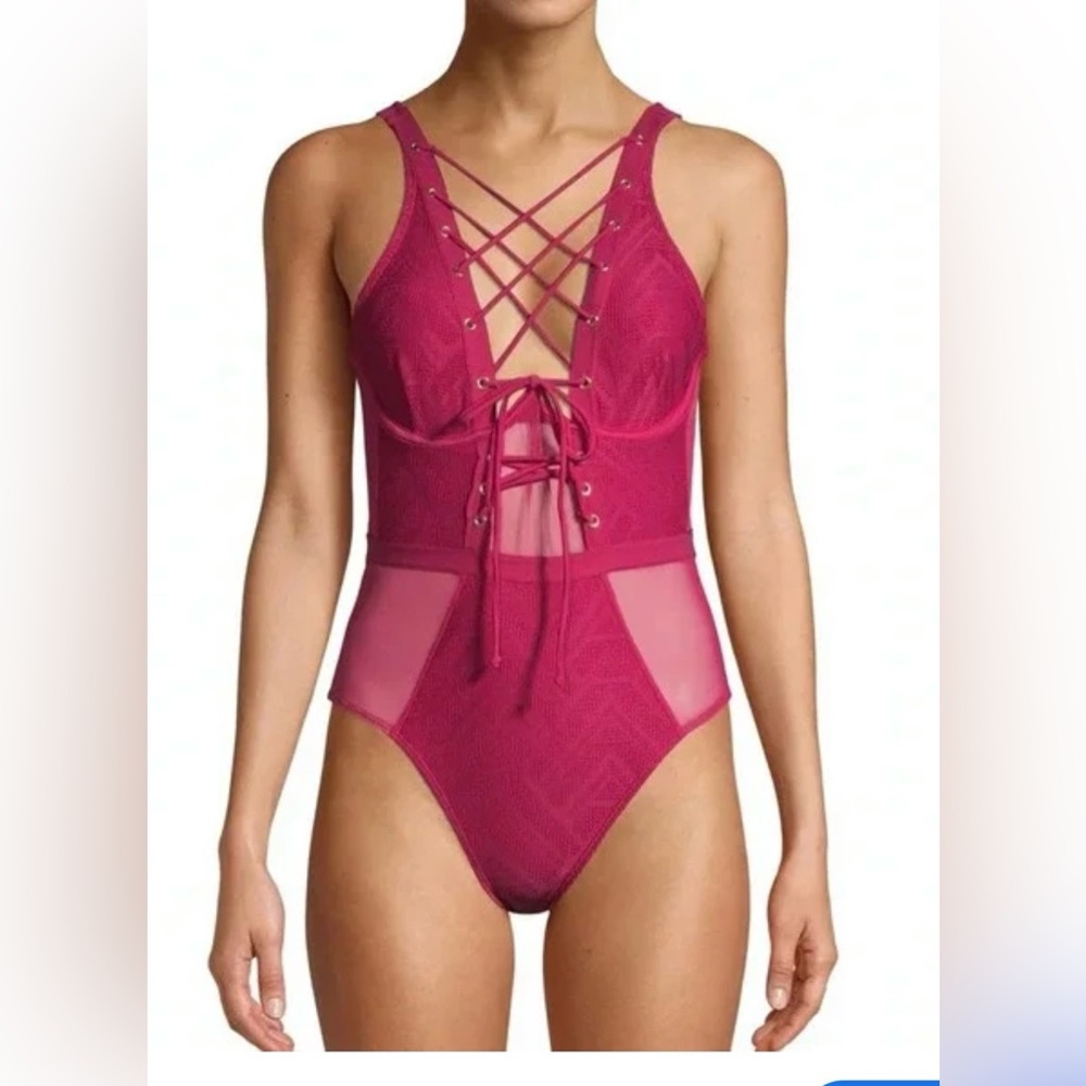 XOXO Red Lace-Up One Piece Swimsuit